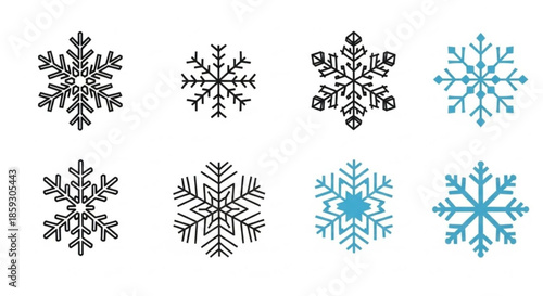 Collection of four snowflake icons in different graphic styles including line art, outline, and solid color silhouettes for winter holiday and weather themed design
