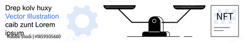Blockchain, digital assets, NFT trading, decision-making, technology balance, system management. Scale measuring value, NFT icon gear for system concept. Blockchain and digital assets visualization