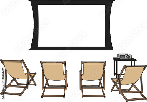 Outdoor home cinema illustration with projector screen deck chairs and projector setup for backyard movie night entertainment vector design