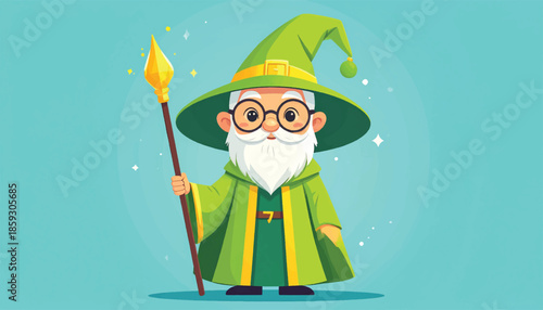 Cartoon Wizard Character with Staff and Green Robe Illustration.