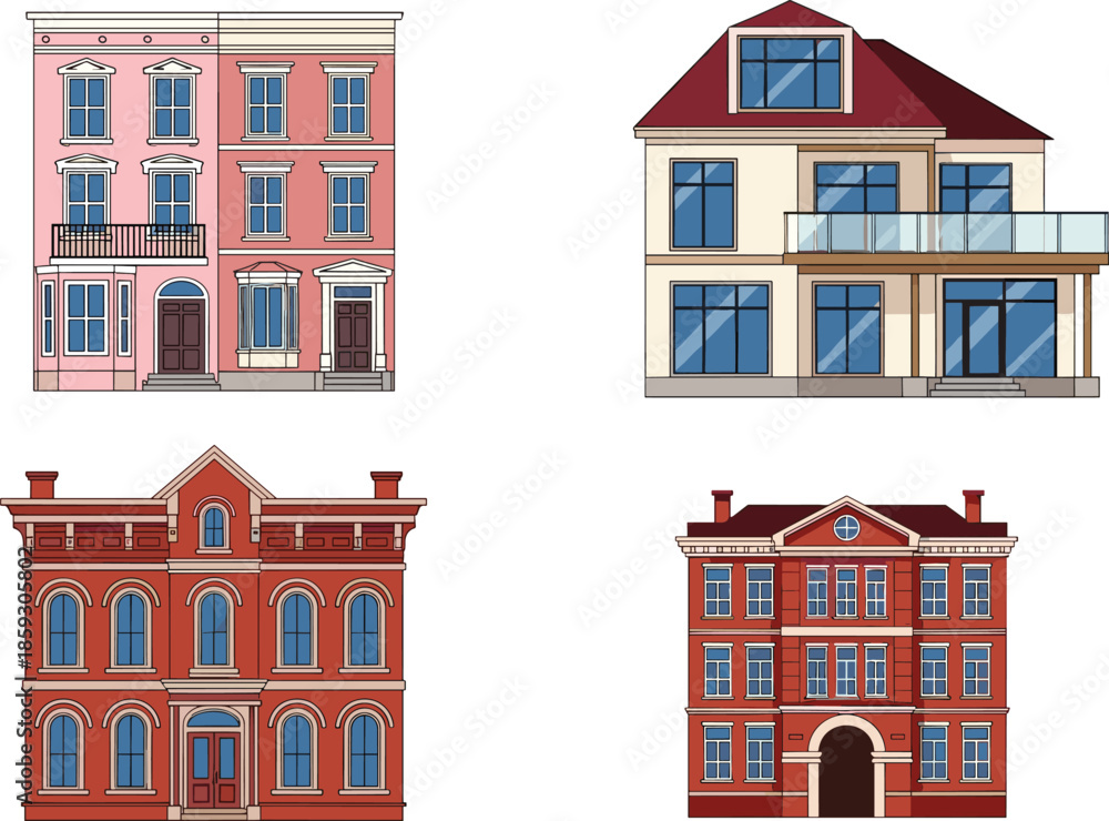 Fototapeta premium Residential building facade illustration set featuring classic townhouse and modern house exteriors in flat vector architectural style design