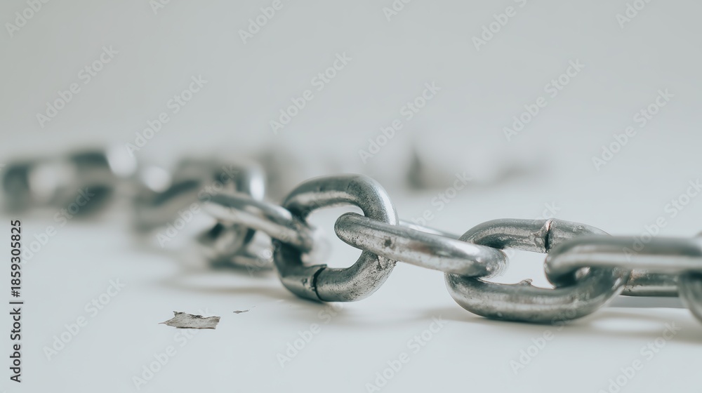 Fototapeta premium disconnected. Broken chain links with disconnected ends, minimalist metal texture symbolizing separation. wellbeing guides.