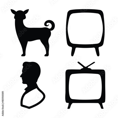Iconic silhouettes: dog, man profile, and vintage television sets Vector