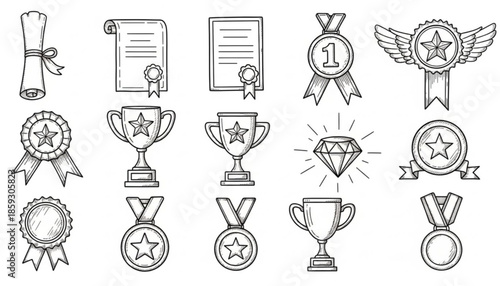 medal honor award related doodle hand drawn icon set. Outline drawing winner line clipart symbol collection