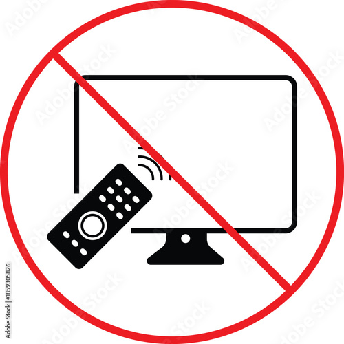 no tv with remote icon.  Education and study area regulation signs. TV and clicker forbidden symbol. Screen and remote prohibited graphic design
