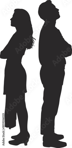 Silhouette of man and woman standing back to back with crossed arms, symbolizing conflict, disagreement, emotional distance, relationship tension