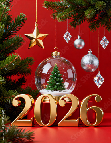 Happy New Year 2026 concept with golden numbers, snow globe and Christmas decorations on red background.