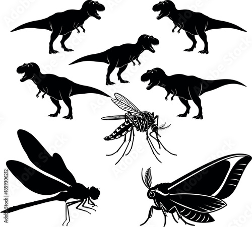 Prehistoric animals silhouettes dinosaurs and insects fossil creatures