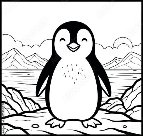 Cute penguin standing on ice with mountains in background animals