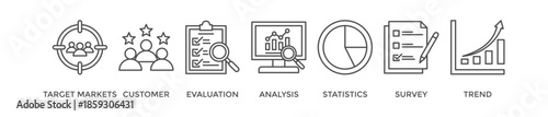 Market research banner web icon vector illustration concept with icon of target markets, customer, evaluation, analysis, statistics, survey and trend