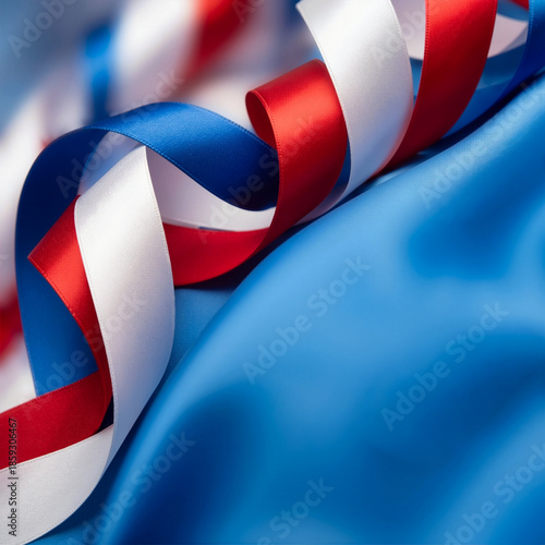 Red white and blue satin ribbons curling on blue silk background, patriotic decoration for Fourth of July, Independence Day, Bastille Day or Veterans Day national holiday celebrations.