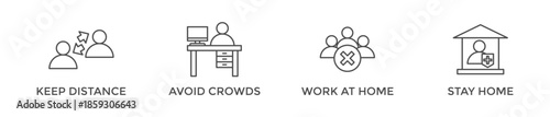Social distancing banner web icon vector illustration concept with icon of keep distance, avoid crowds, work at home and stay home