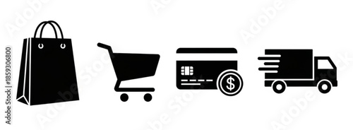 Set of black icons for shopping and e-commerce, including a cart, store, credit card, delivery truck, and barcode, representing retail business and online purchasing
