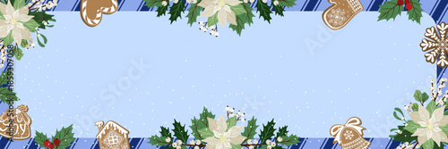 Christmas border with white poinsettia, gingerbread and blue candy cane striped frame. Festive Christmas vector illustration design for banners, posters, greeting cards