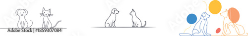 A hand-drawn modern art piece showcases a dog and cat in a continuous line silhouette