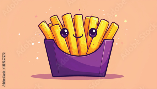 Cute Cartoon French Fries Character with Smiling Face in Purple Container.