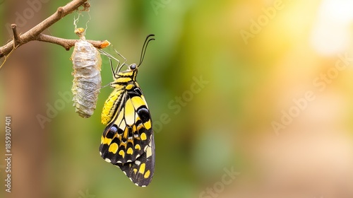 metamorphosis. Butterfly emerging from a cocoon with wings unfolding for the first time in morning sunlight. wildlife magazines, conservation campaigns, designed for wildlife conservation campaigns.