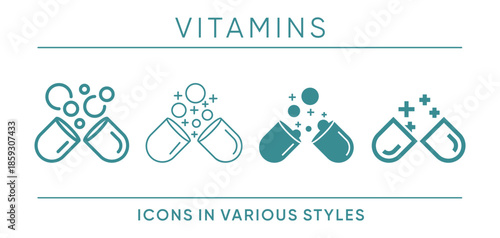 Vitamins ingredient icons set in various styles
