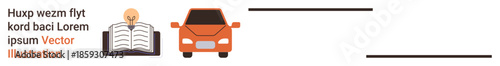 Education, transportation, innovation, ideas, knowledge sharing, technology. An open book with a light bulb, orange car and text elements. Education and transportation ideas visually