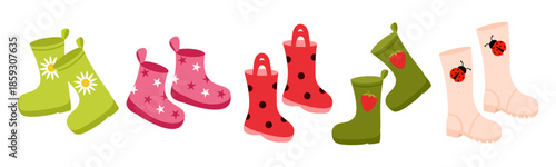 Cute colorful rubber rain boots set. Children waterproof boots with floral, star, polka dot and ladybug patterns. Flat style, bright colors, vector illustration isolated on white background.