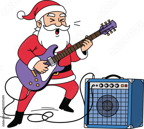 Rock Star Santa Claus Playing Electric Guitar with Amplifier Fun Christmas Vector