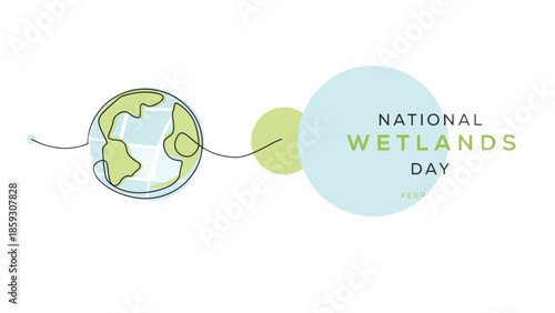 National Wetlands Day banner with a continuous line art globe and soft pastel circles, clean environmental design