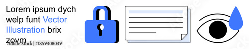 Data protection, cybersecurity, privacy, surveillance, secure files, information security. Blue padlock, document and eye icon with a drop. Data protection and cybersecurity symbolism