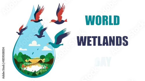 World Wetlands Day illustration featuring a scenic landscape inside a large water drop with flying birds