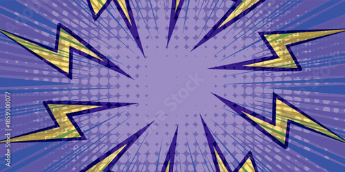 Anime comic burst background with radial speed lines and lightning bolts for dynamic action scenes. Purple sunburst pattern with yellow stars and energy effects. Super hero explosion manga style bg.