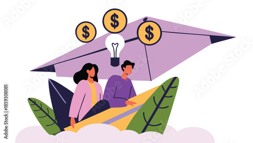 Businesspeople flying on giant coin like a hang glider with lightbulb idea and money