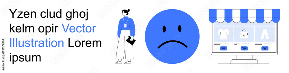 Fototapeta premium E-commerce, online shopping, retail challenges, customer dissatisfaction, digital marketing, user experience. Sad face, storefront graphic person holding documents. E-commerce and retail challenges