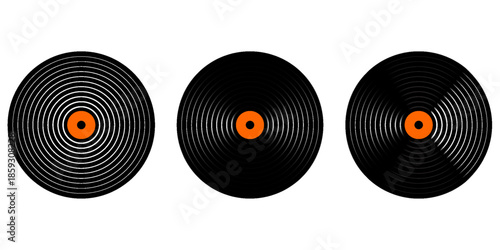 Set of vinyl records. LP or long play music plates for gramophone isolated on white background. DJ discs for techno party. 70s 80s 90s discotheque nostalgia concept. Vector flat illustration.