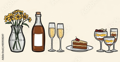 and drink set in doodle scribble handdrawn style. Egg, grapes, breakfast pancakes, flower vase, coffee cup, wine bottle, wineglass, snacks, sketch drawings. Hand-drawn vector