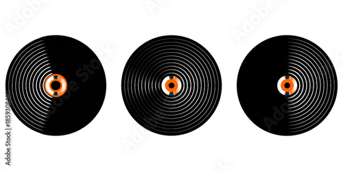 Set of vinyl records. LP or long play music plates for gramophone isolated on white background. DJ discs for techno party. 70s 80s 90s discotheque nostalgia concept. Vector flat illustration.