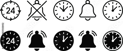 Time icons set, 24 hour, alarm, and clock symbols, vector illustration