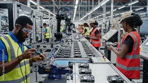 Workers in safety vests inspecting electronic components on a production line in a modern factory setting