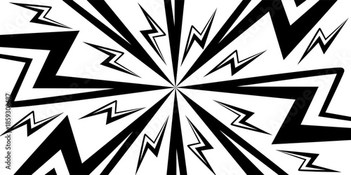 Comic emphasis design for manga book page. Radial zigzag or thunderbolt shapes on white background. Surprise or attention, boom or explosion, danger or power effect. Vector graphic illustration.