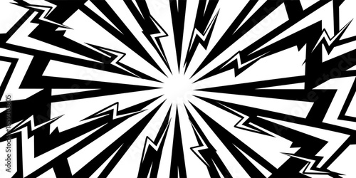 Comic emphasis design for manga book page. Radial zigzag or thunderbolt shapes on white background. Surprise or attention, boom or explosion, danger or power effect. Vector graphic illustration.