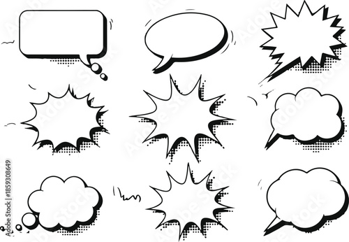 Set of comic speech bubbles with halftone shadows on transparent background