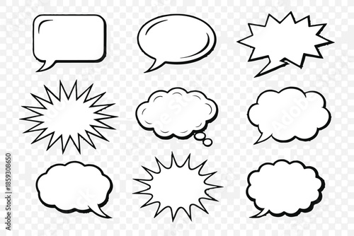 Set of empty comic speech bubbles isolated on transparent background