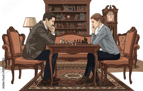 Create a realistic Man and woman playing chess in a spacious old living room vector art with white background.