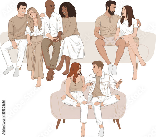 Create a kinds of deferent realistic Couple in white and beige clothing sitting on an invisible sofa, vector art with white background.