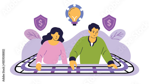 Man and woman racing on coin tracks like a board game, light bulb, shields with dollar signs, purple background, competitive concept, financial