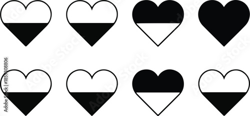 Set of heart shape icons showing different fill levels