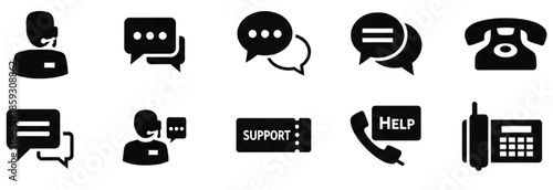 Black customer support and helpdesk icon set featuring a call center agent with a headset, chat bubbles, telephone, event ticket, and a question mark symbol for assistance