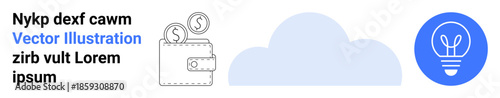 Cloud technology, digital finance, creativity, innovation, conceptual ideas, online storage. Wallet with coins, a cloud and a lightbulb icon. Cloud technology and digital finance concept