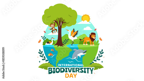 Vibrant International Biodiversity Day Illustration with Diverse Wildlife and Ecosystems on a Globe