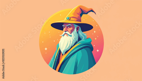 Illustration of a wise wizard with a long white beard.