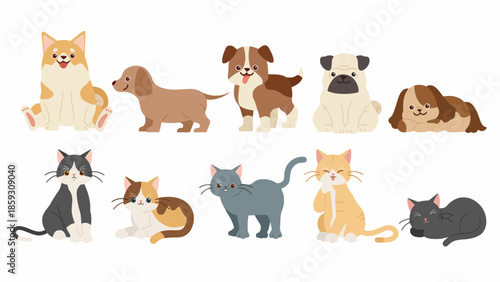 Cute cartoon dogs and cats character set in a flat illustration style