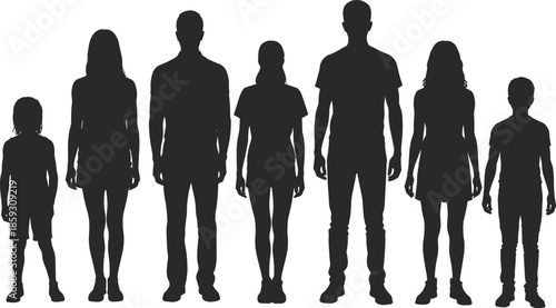 Silhouettes of seven diverse people standing side by side in varying heights, symbolizing family growth, demographic diversity and human development